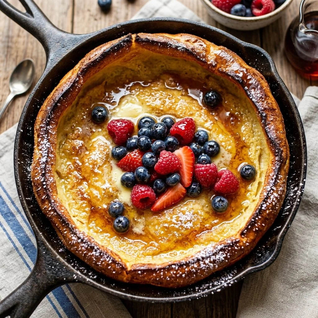 Deliciously fluffy Dutch Baby Pancake topped with fruit and powdered sugar
