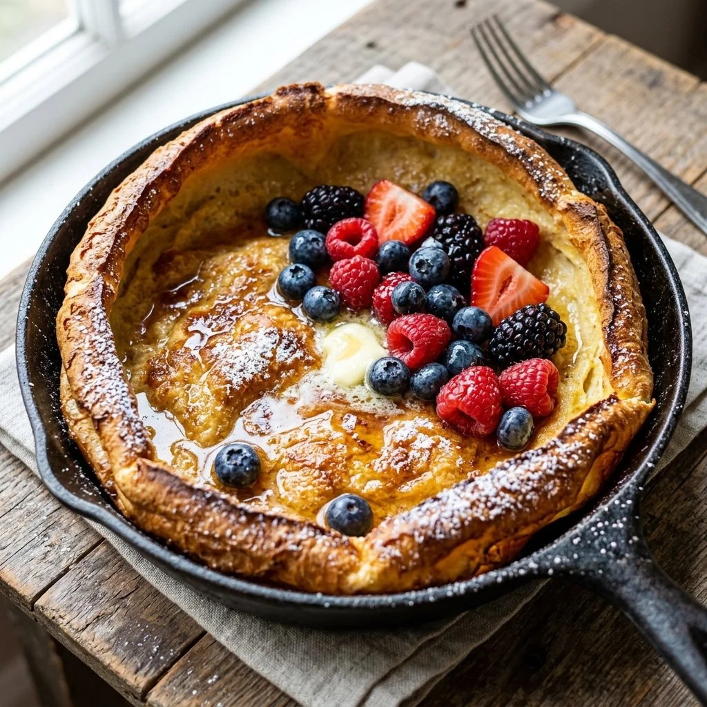 Fluffy, golden-brown Dutch Baby Pancake topped with fresh fruits and powdered sugar