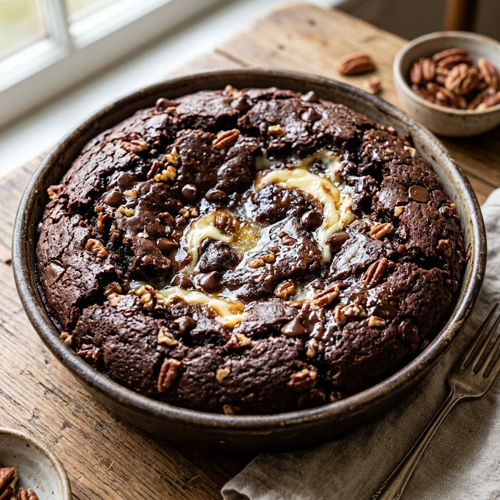 Delicious Earthquake Cake topped with nuts and chocolate, perfect for dessert lovers.