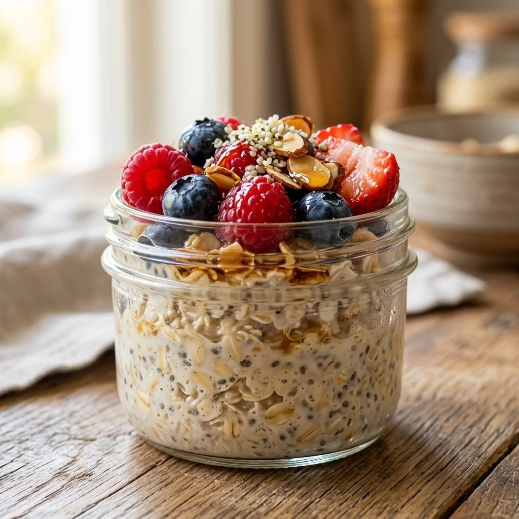 Bowl of easy overnight oats topped with fruits and nuts