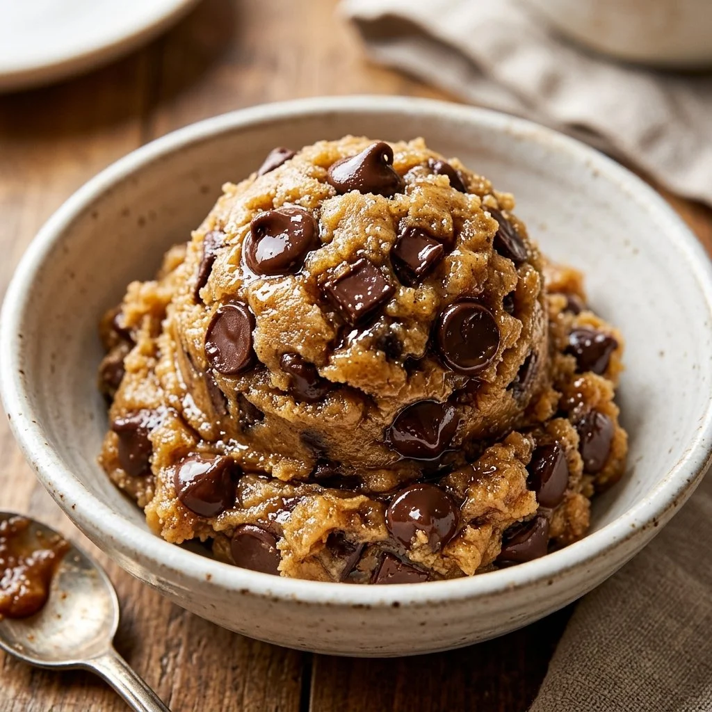 Bowl of safe-to-eat edible cookie dough with chocolate chips