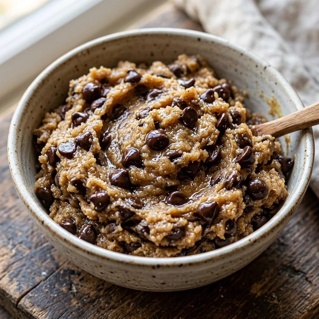Delicious edible cookie dough ready to enjoy straight from the bowl.