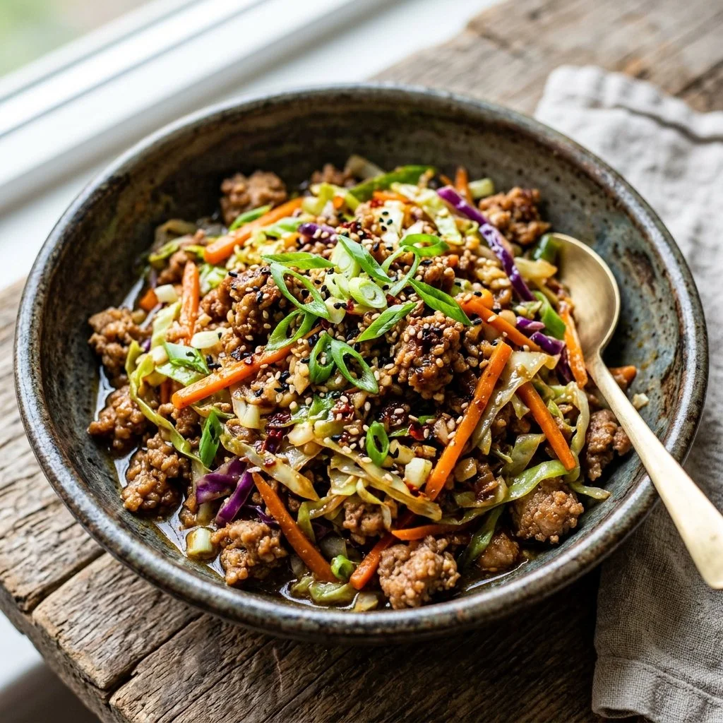 Delicious egg roll in a bowl with colorful vegetables and savory seasonings.