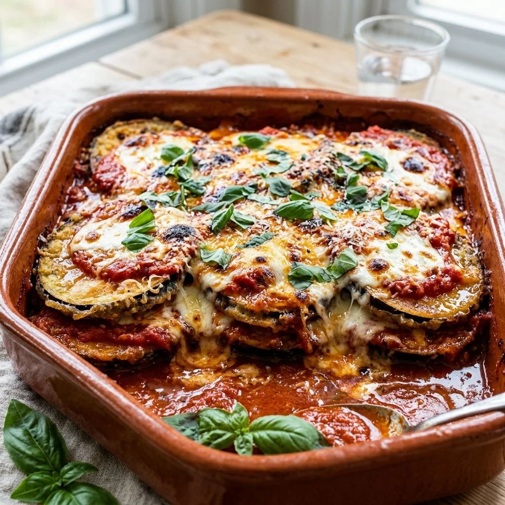 Delicious Eggplant Parmesan with layers of eggplant, cheese, and marinara sauce