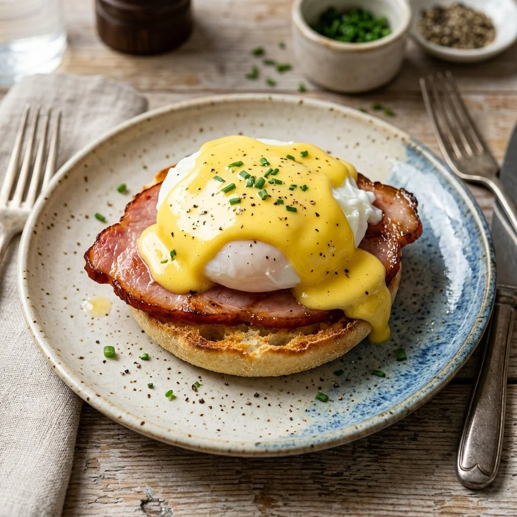 Delicious Eggs Benedict with poached eggs and hollandaise sauce on English muffins
