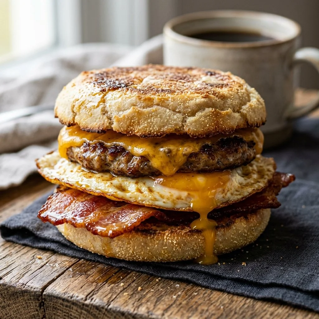 English muffin breakfast sandwich with eggs and cheese