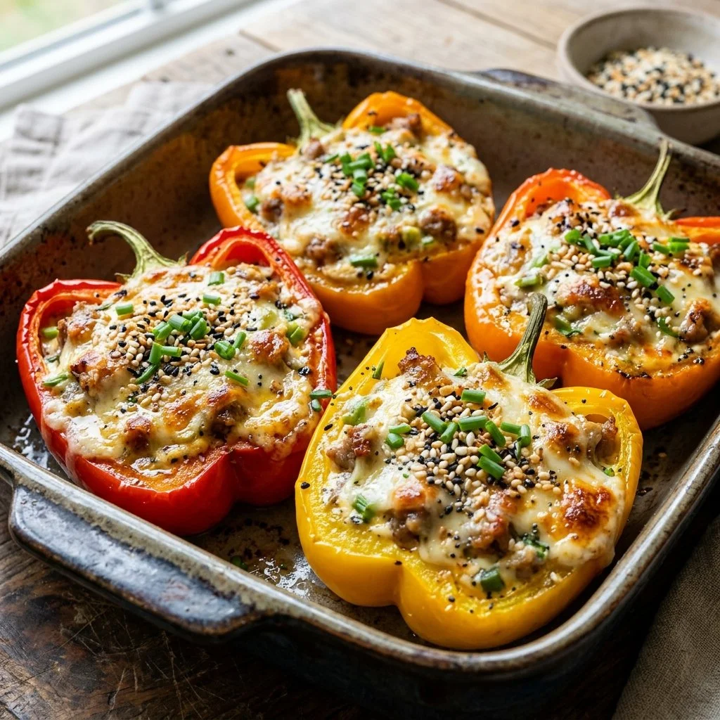 Everything Bagel Stuffed Peppers topped with cream cheese and seasoning