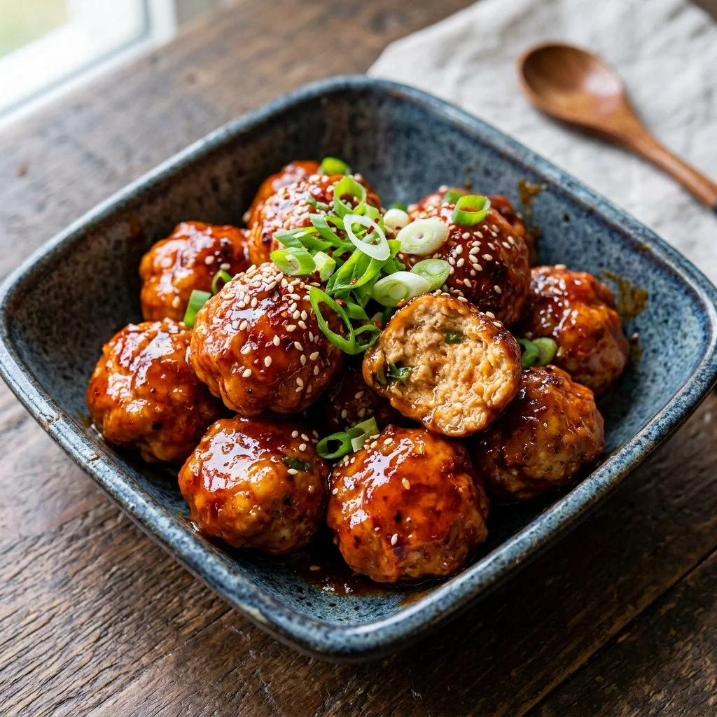 Firecracker Chicken Meatballs served with a spicy dipping sauce