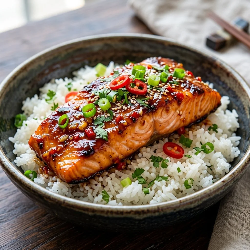 Delicious Firecracker Salmon garnished with herbs and served with vegetables.