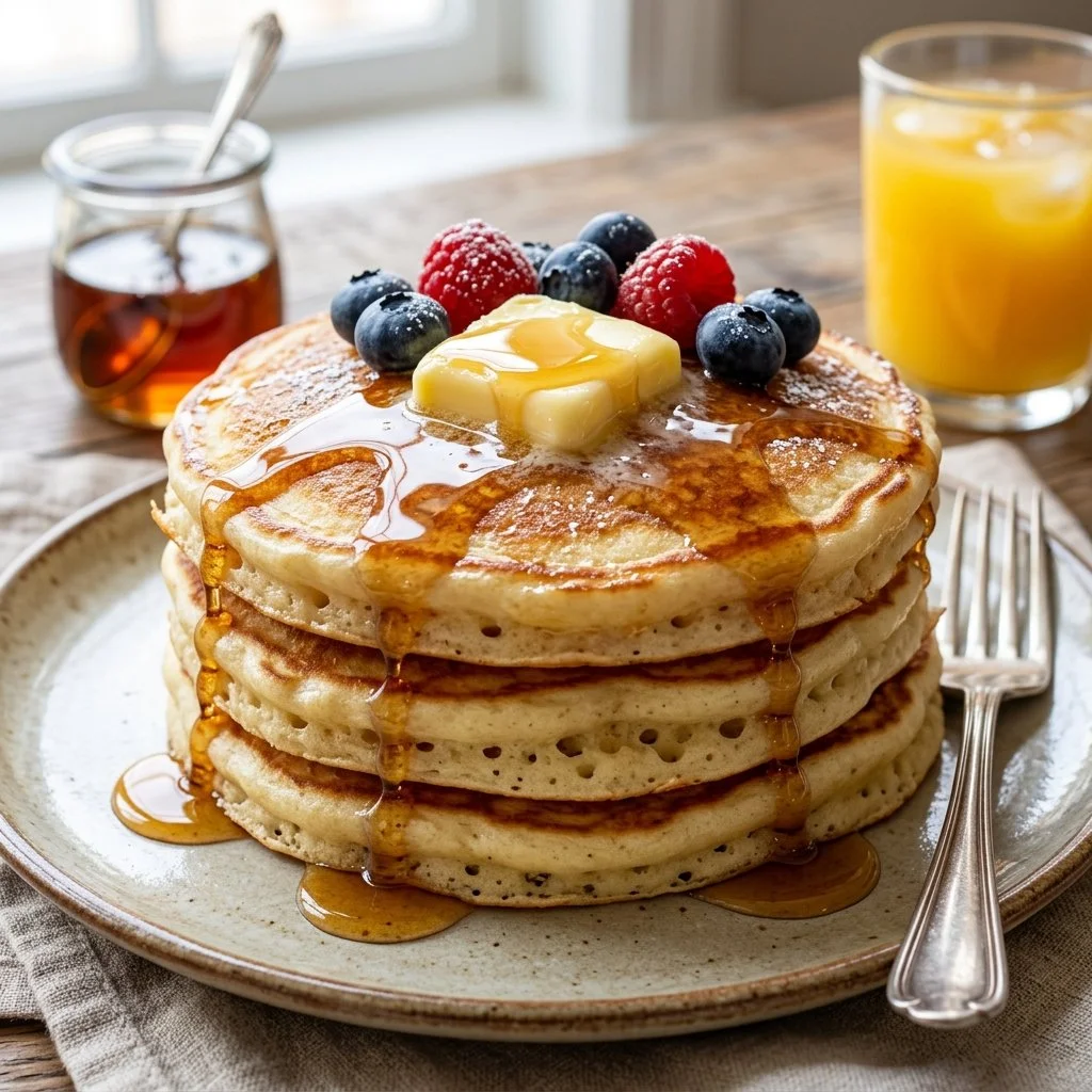Stack of fluffy buttermilk pancakes topped with syrup and berries