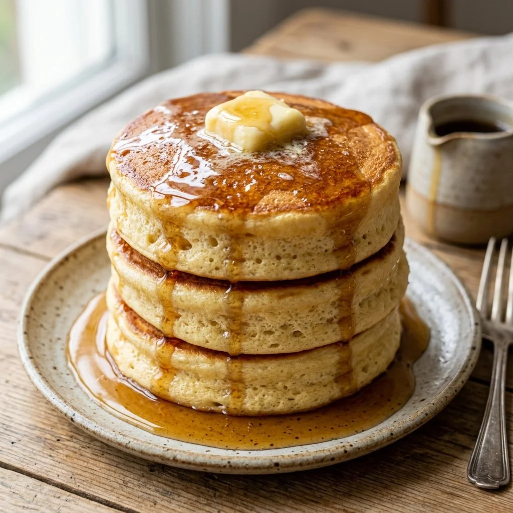 Delicious fluffy Japanese pancakes topped with syrup and berries