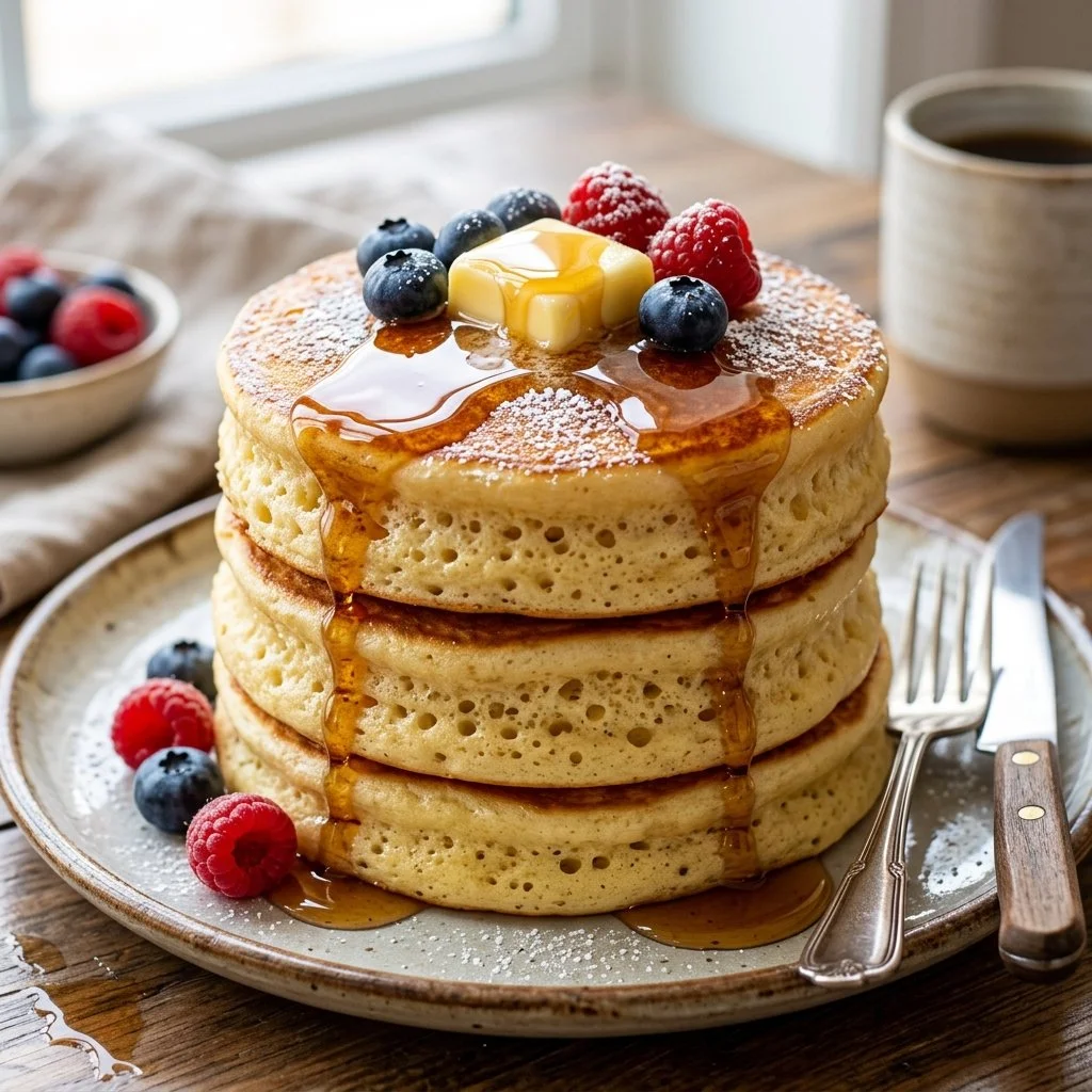 Deliciously fluffy Japanese pancakes stacked with syrup and fruits