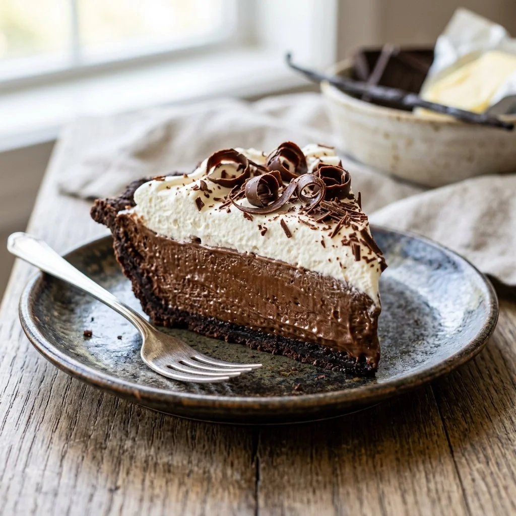 Delicious slice of French Silk Pie topped with whipped cream and chocolate shavings.