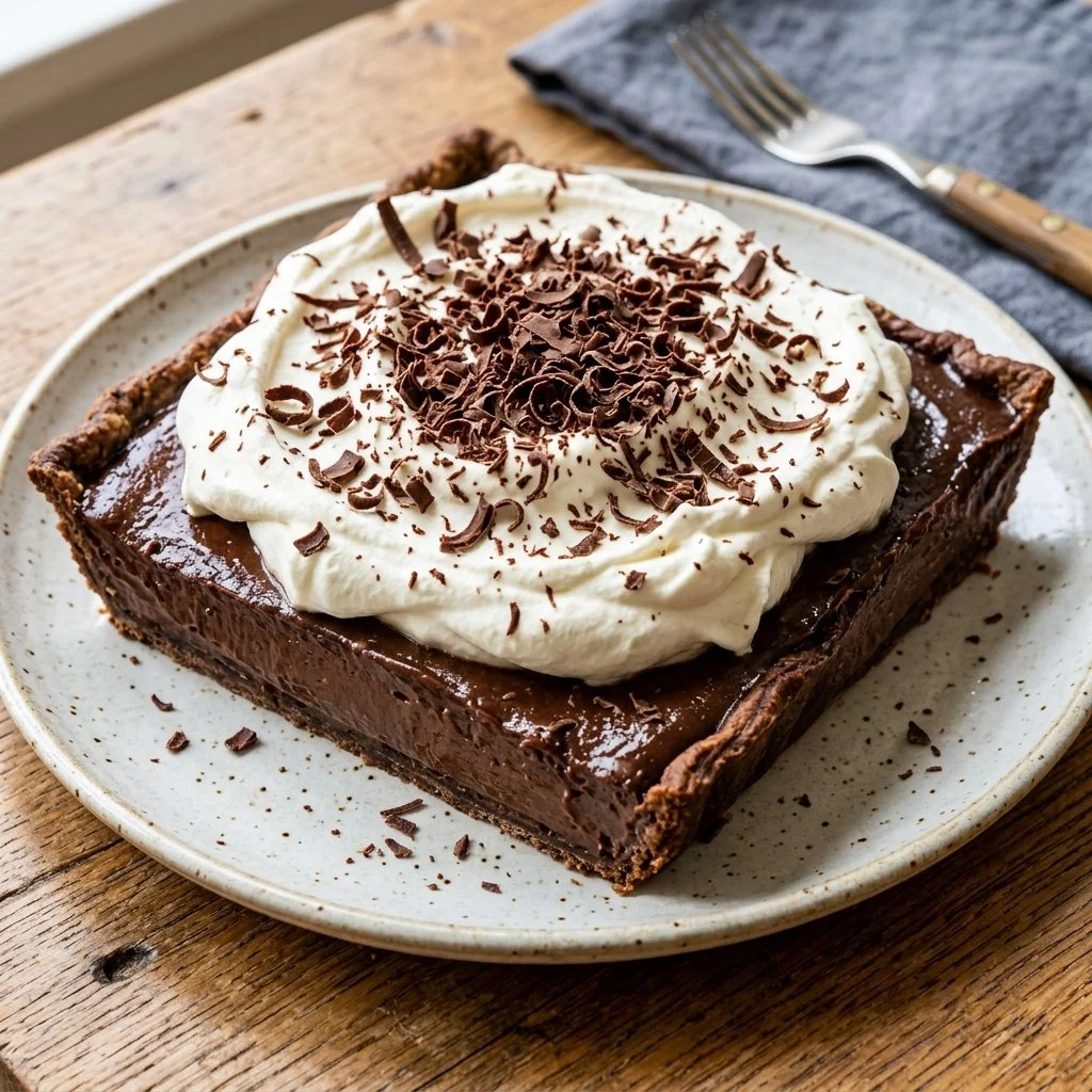 Delicious slice of French Silk Pie with whipped cream topping.