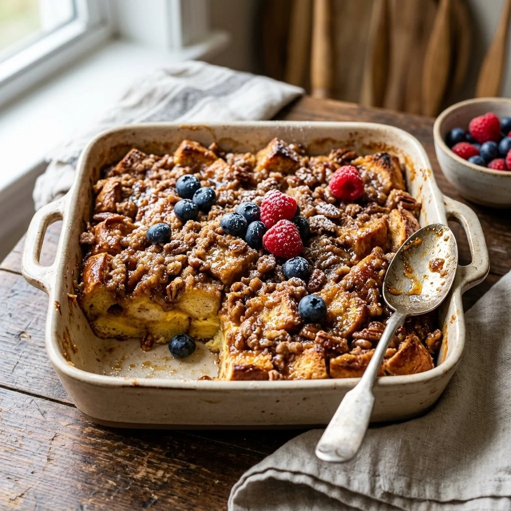 Delicious French Toast Casserole served with syrup and fruit on a plate