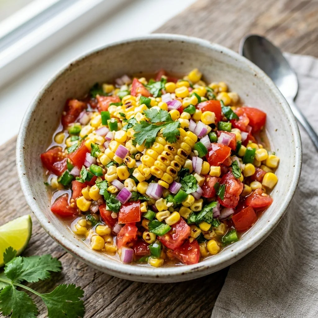 Bowl of fresh corn salsa with colorful vegetables and herbs