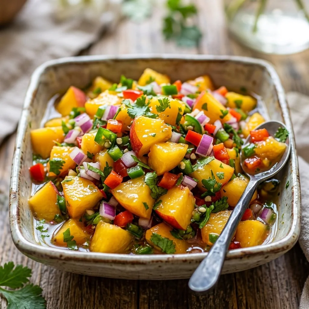 Bowl of fresh peach salsa with colorful ingredients and garnishes