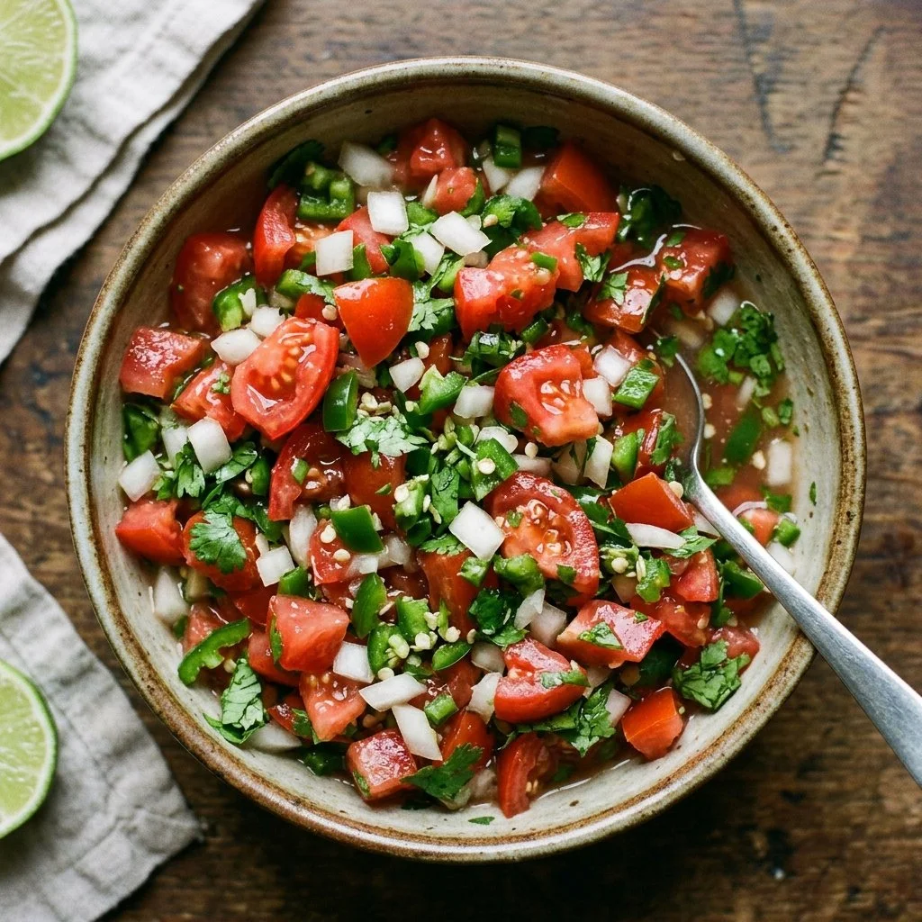 Fresh Pico de Gallo made with tomatoes, onions, cilantro, and lime.