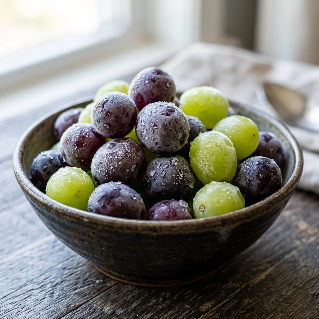 Bowl of frozen grapes, a healthy and refreshing snack option.