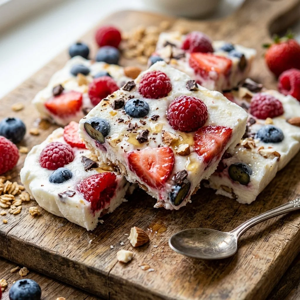Easy and delicious frozen yogurt bark topped with fruits and nuts