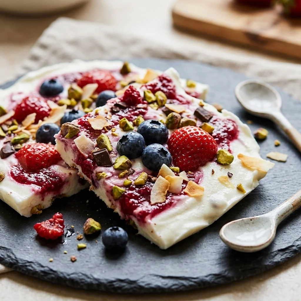 Colorful frozen yogurt bark topped with fruits and nuts on a marble surface.