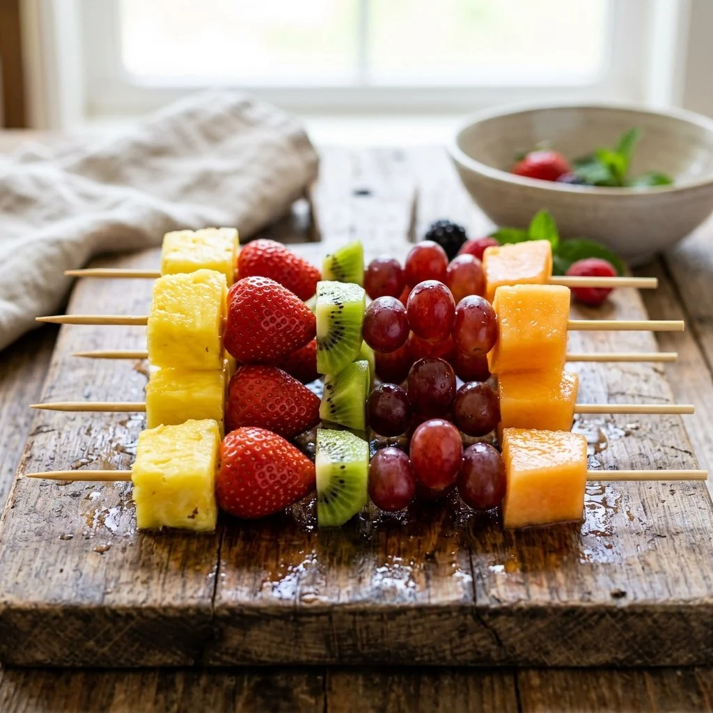 Colorful fruit kabobs with assorted fresh fruits on skewers