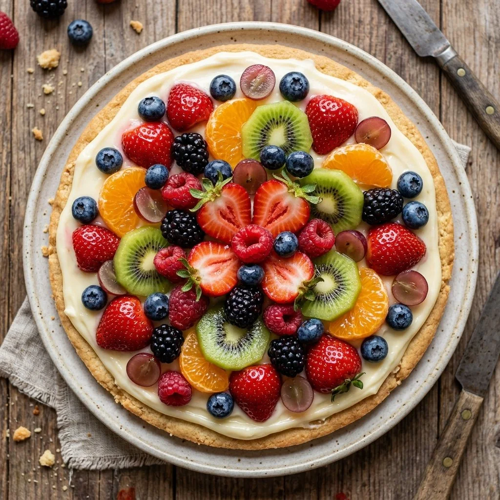 Delicious fruit pizza topped with vibrant fresh fruits on a golden crust.