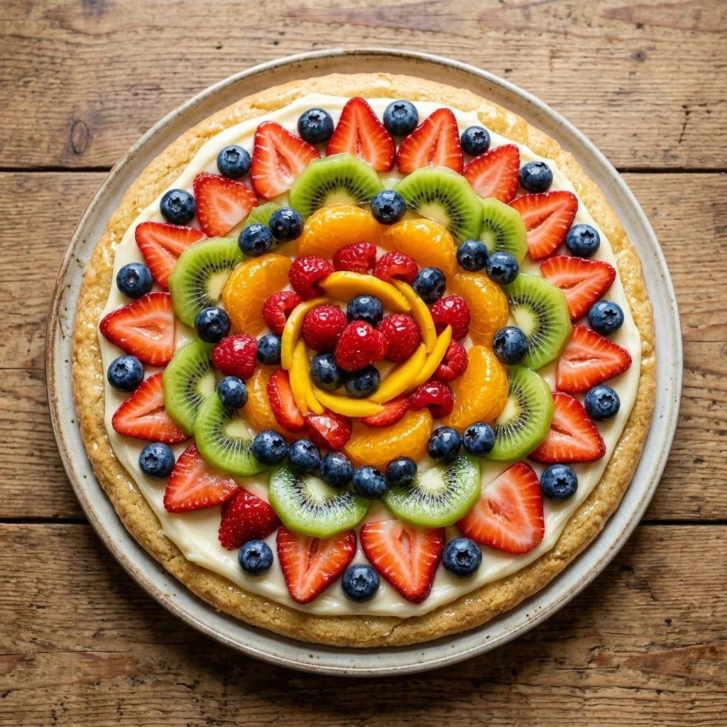 Deliciously vibrant Fruit Pizza topped with fresh fruits and creamy frosting.