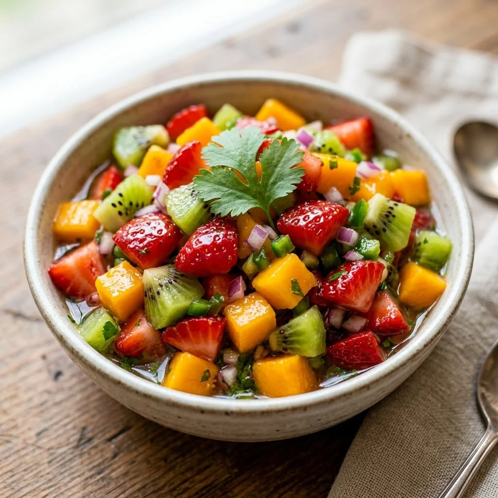 Colorful fruit salsa made with fresh fruits served in a bowl.