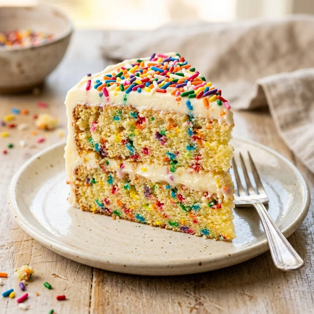 Delicious Funfetti Cake with colorful sprinkles on a festive table