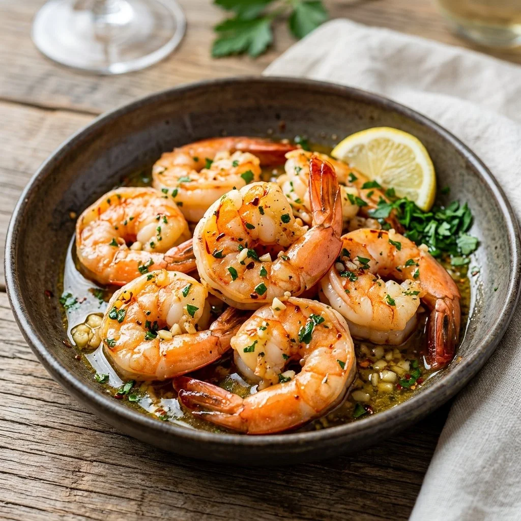 Garlic butter shrimp served with herbs on a plate