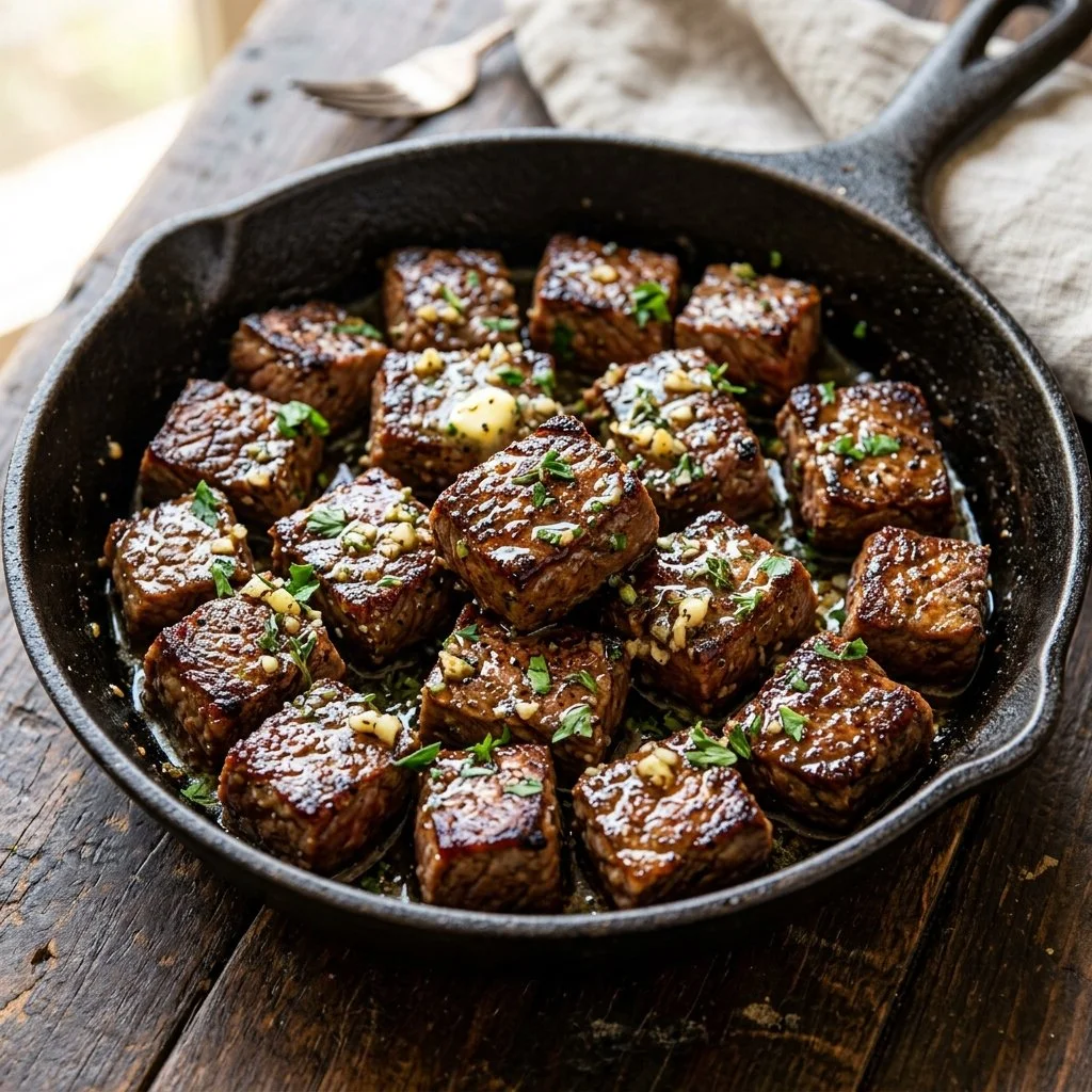 Savory garlic butter steak bites served on a plate, garnished with herbs