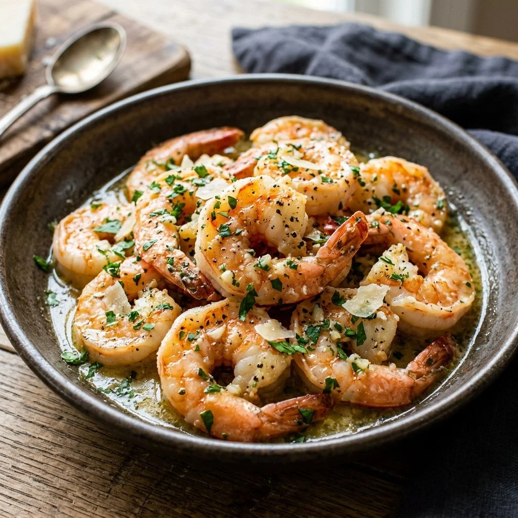 Plate of garlic parmesan shrimp garnished with parsley
