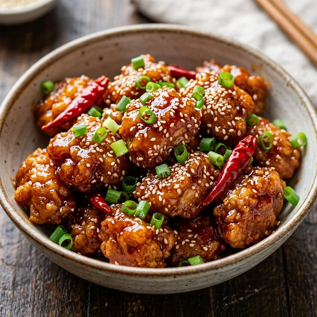 Delicious General Tso's Chicken served with rice and vegetables