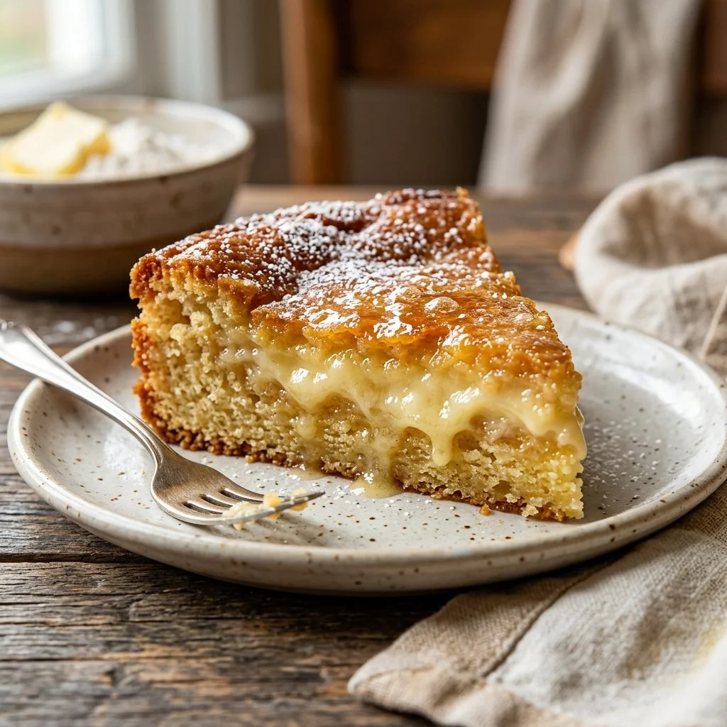 Delicious slice of Gooey Butter Cake topped with powdered sugar