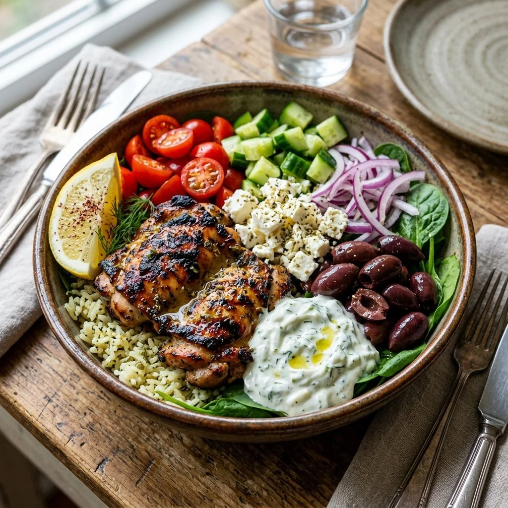 Greek Chicken Bowl with fresh vegetables and flavorful dressing