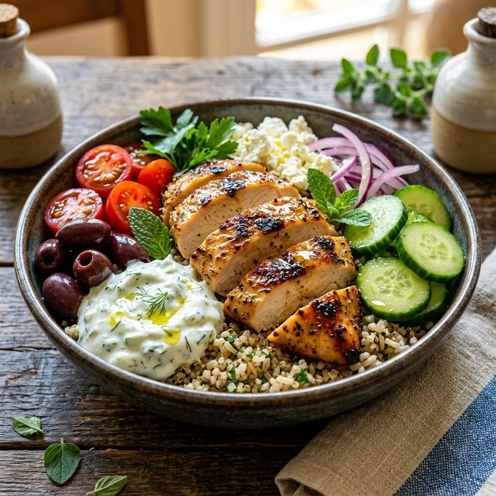 Delicious Greek Chicken Power Bowl with fresh vegetables and Greek dressing