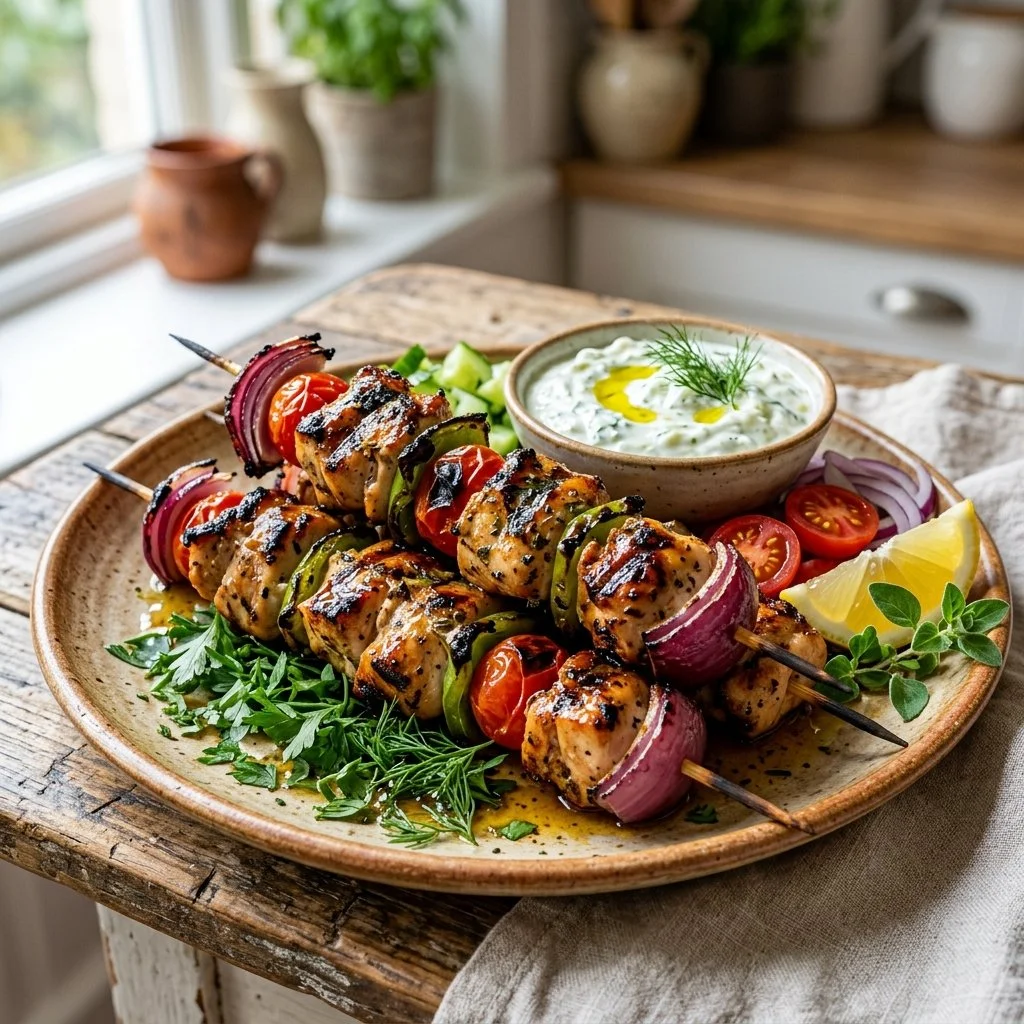 Greek chicken skewers garnished with herbs on a serving plate