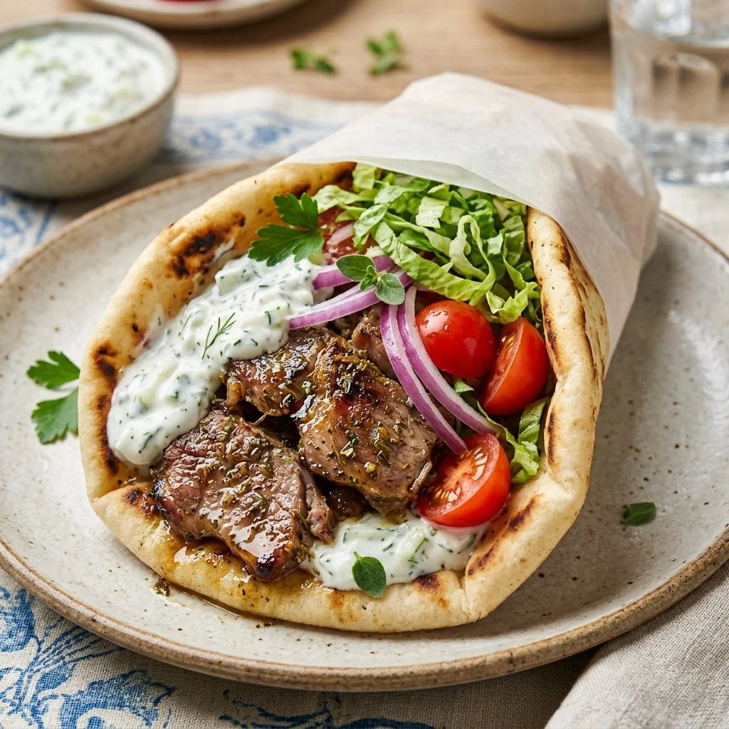 Delicious Greek lamb gyros with tender lamb, fresh vegetables, and tzatziki sauce