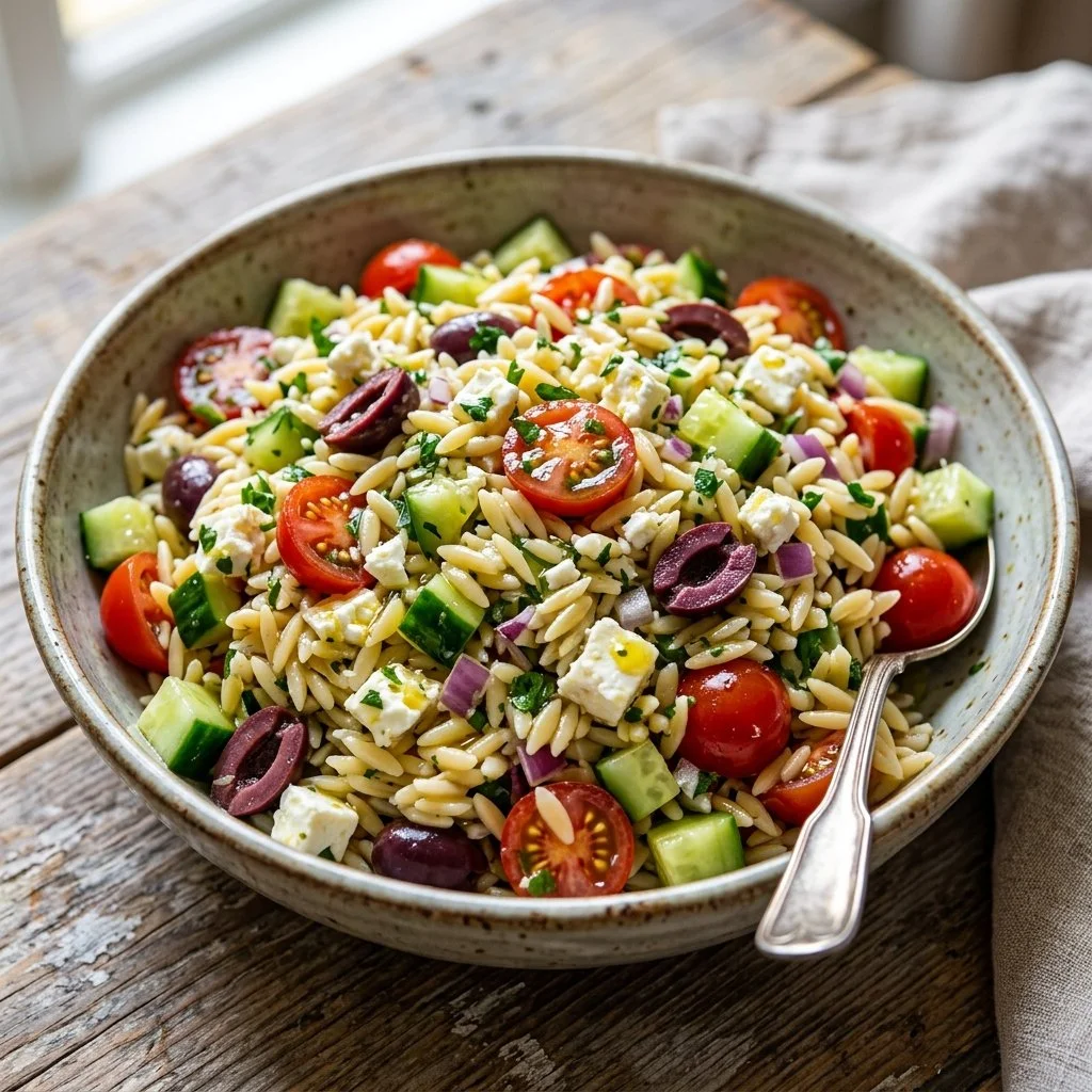 Colorful Greek Orzo Salad with fresh vegetables and feta cheese