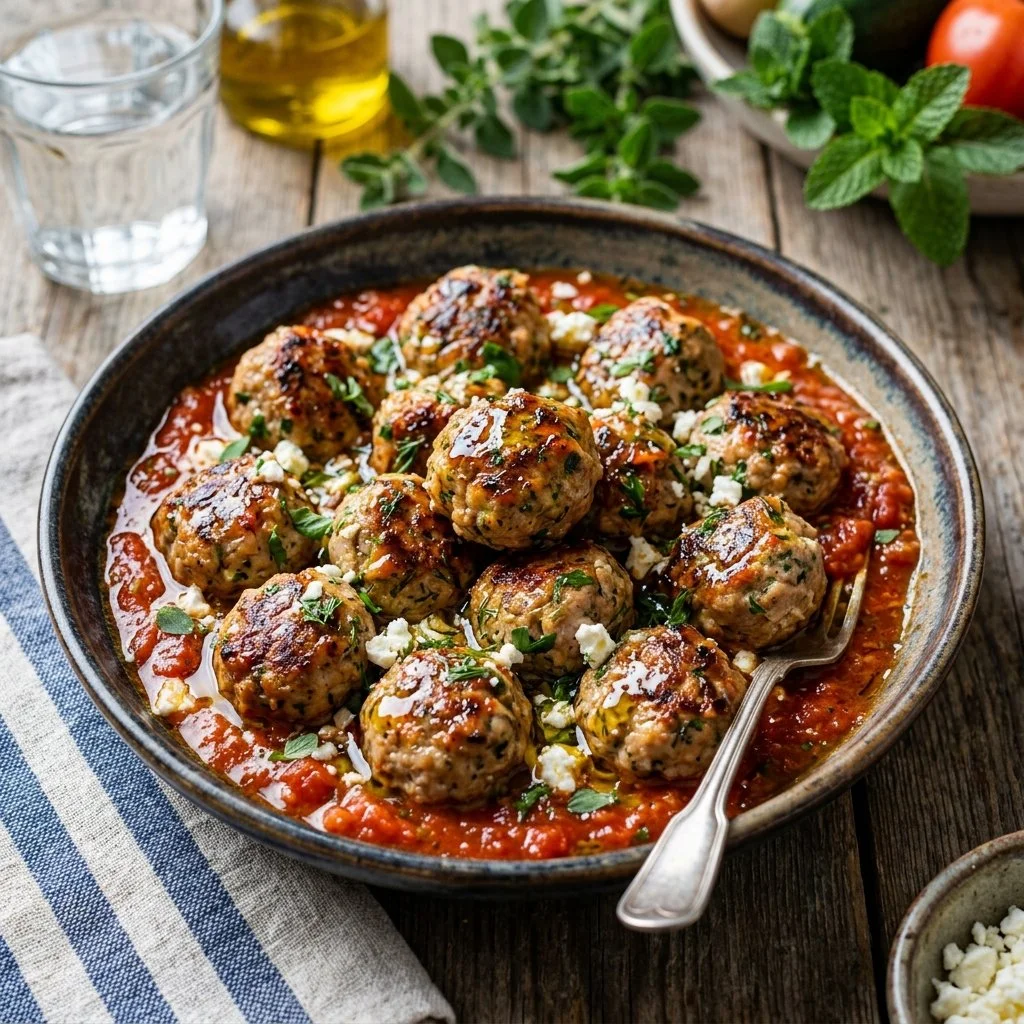 Plate of Greek Turkey Meatballs served with tzatziki sauce and herbs
