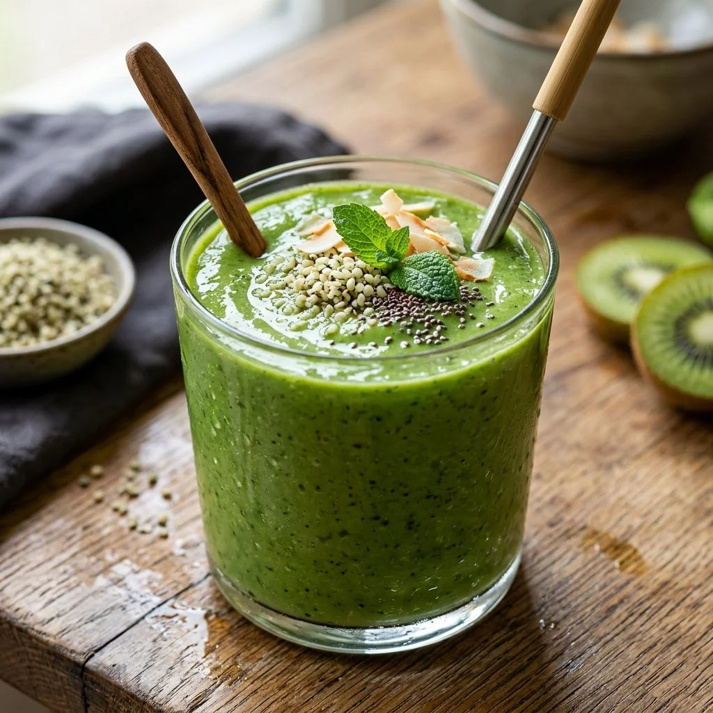 Green breakfast smoothie with spinach, banana, and almond milk in a glass.