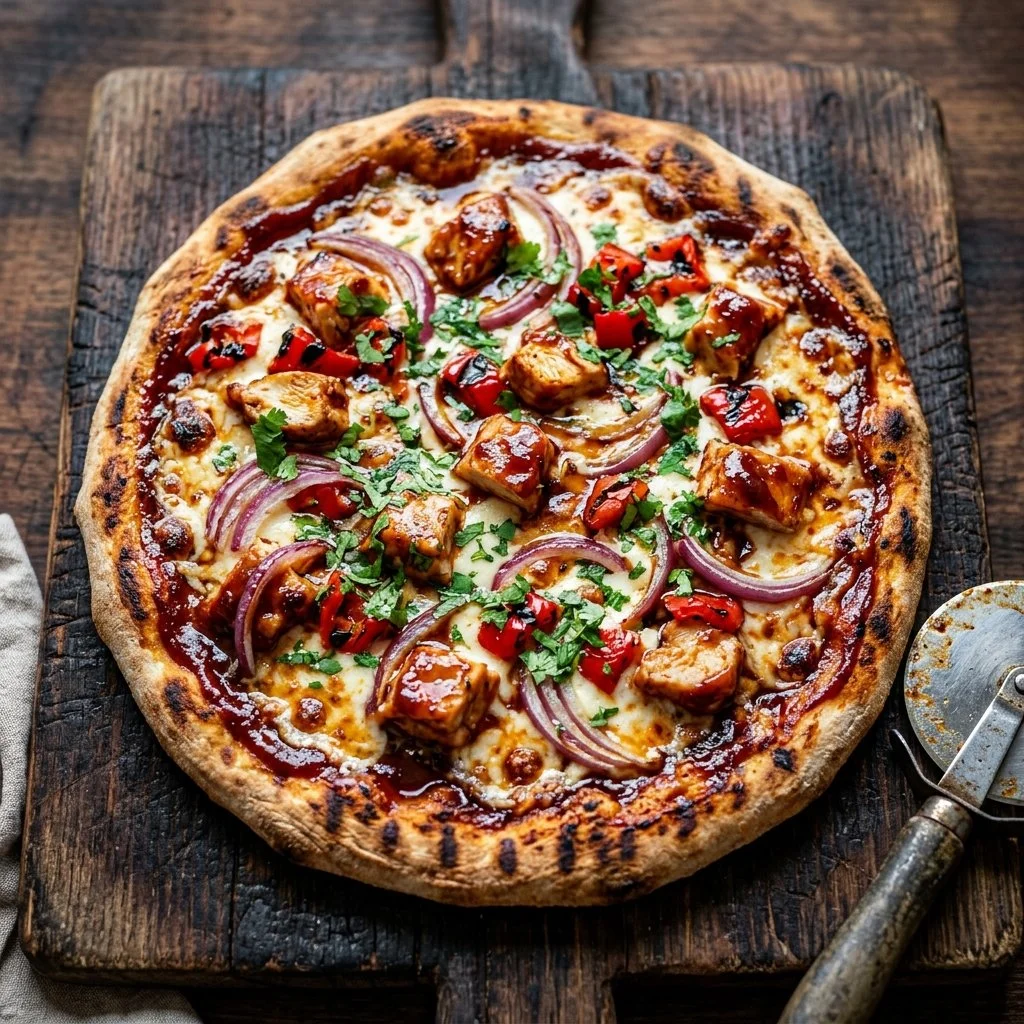 Delicious Grilled BBQ Chicken Pizza topped with melted cheese and fresh toppings