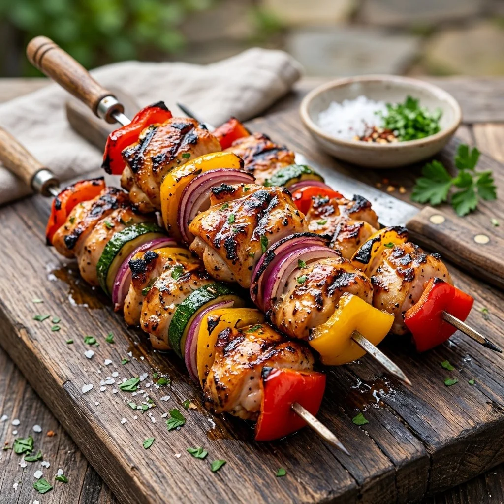 Delicious grilled chicken kabobs seasoned with spices and grilled to perfection.