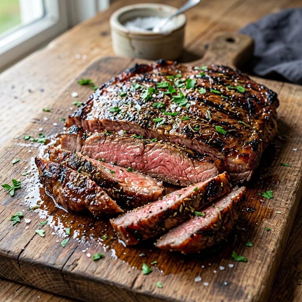Juicy grilled flank steak with herbs and spices on a cutting board