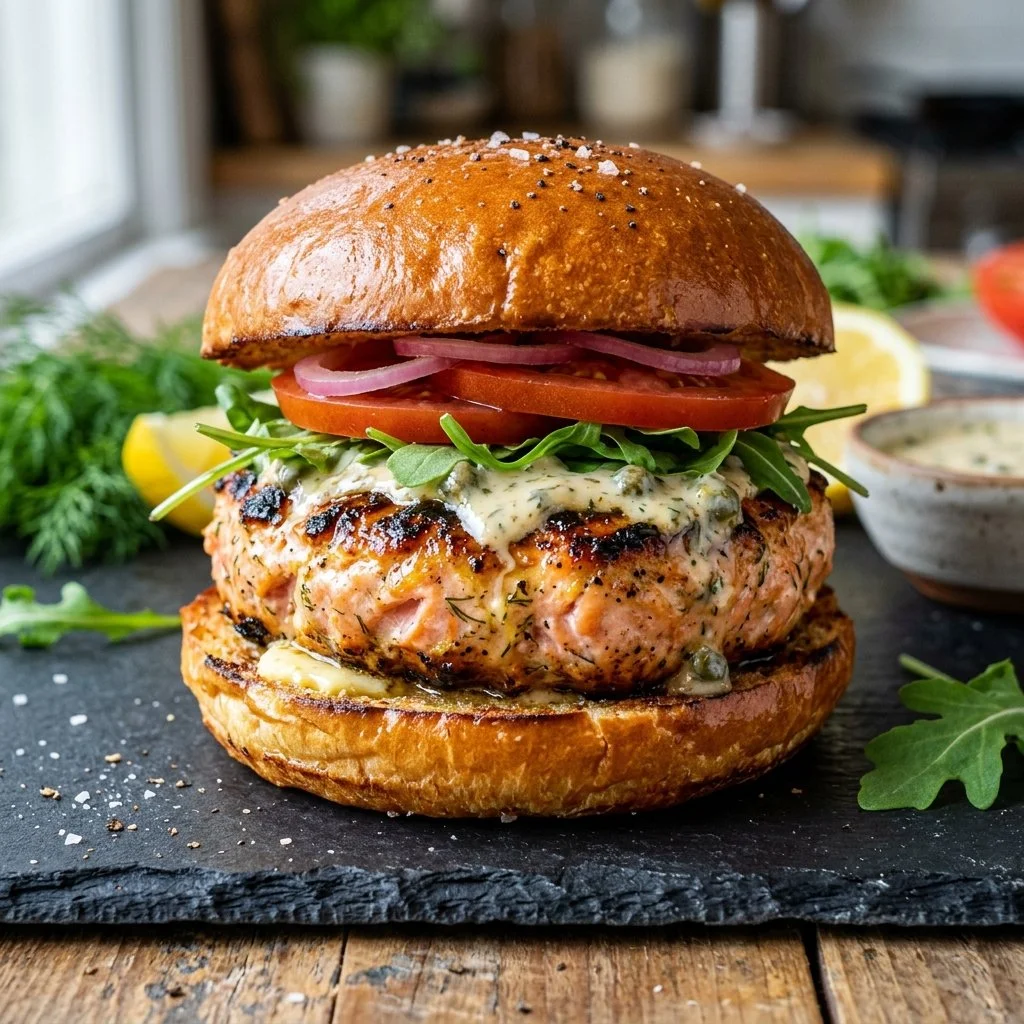 Delicious grilled salmon burgers served with fresh toppings