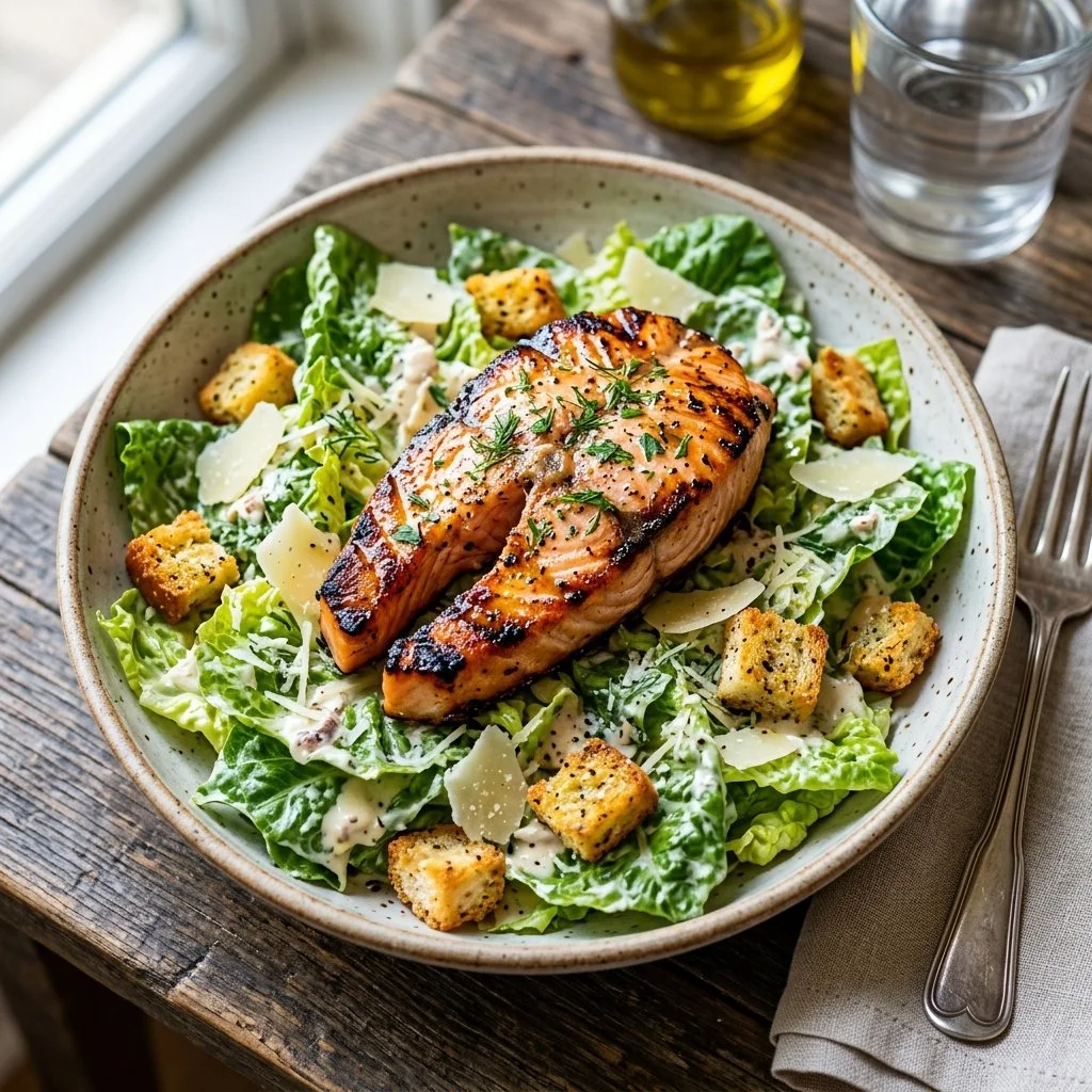 Grilled salmon Caesar salad with fresh greens and creamy dressing
