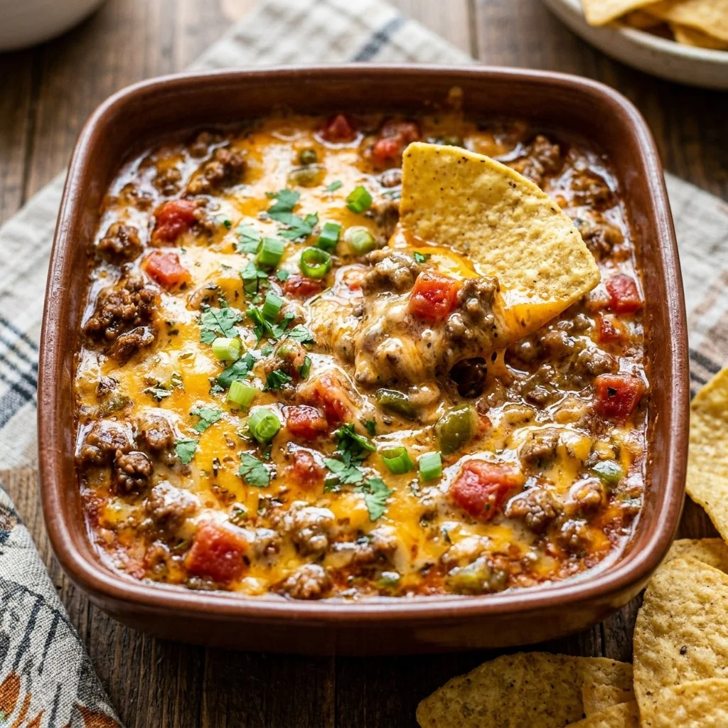 Creamy ground beef Rotel dip served in a bowl with tortilla chips on the side