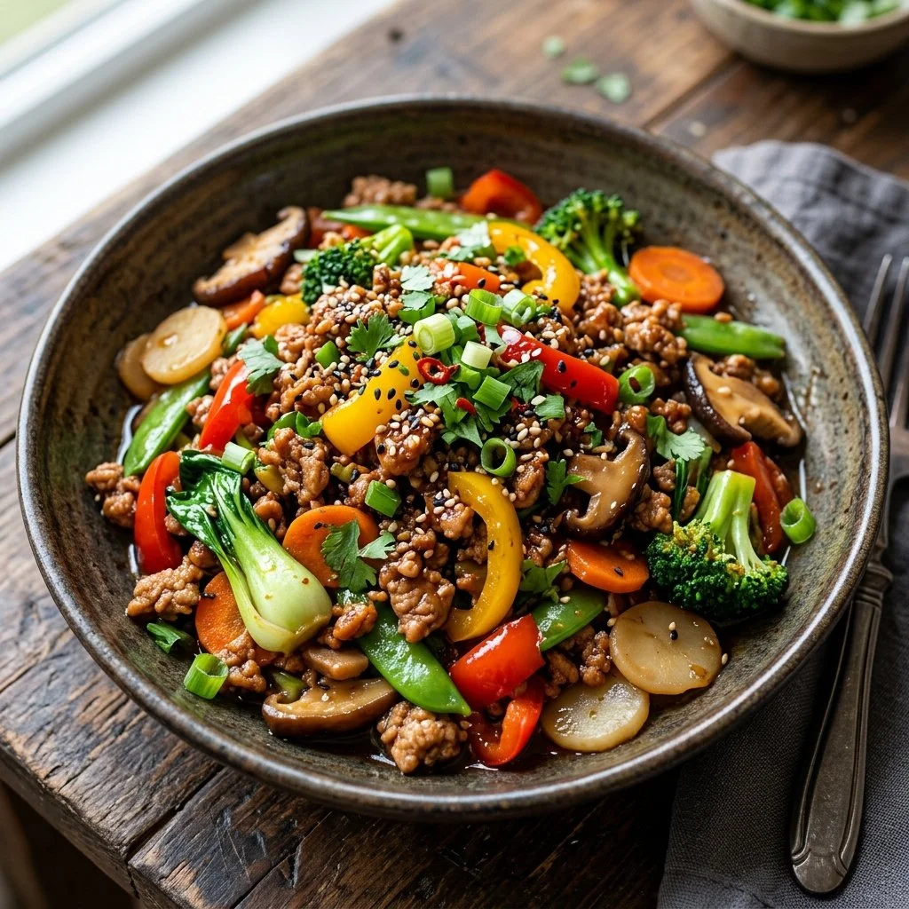 Ground turkey stir fry served in a colorful bowl with vegetables.