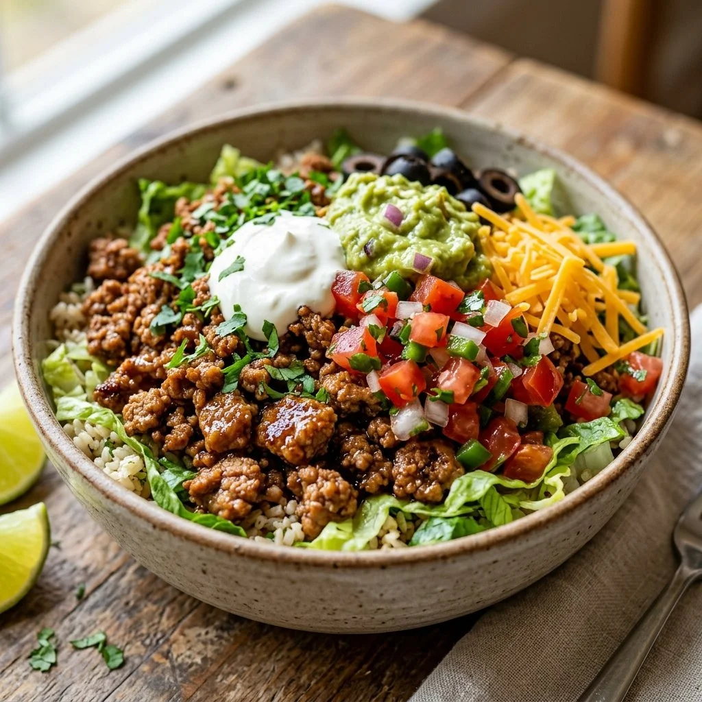 Colorful ground turkey taco bowls topped with fresh vegetables and avocado